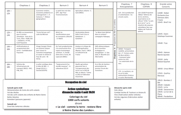Programme complet des concerts et conférences du dimanche 4 août à Notre-Dame-des-Landes.